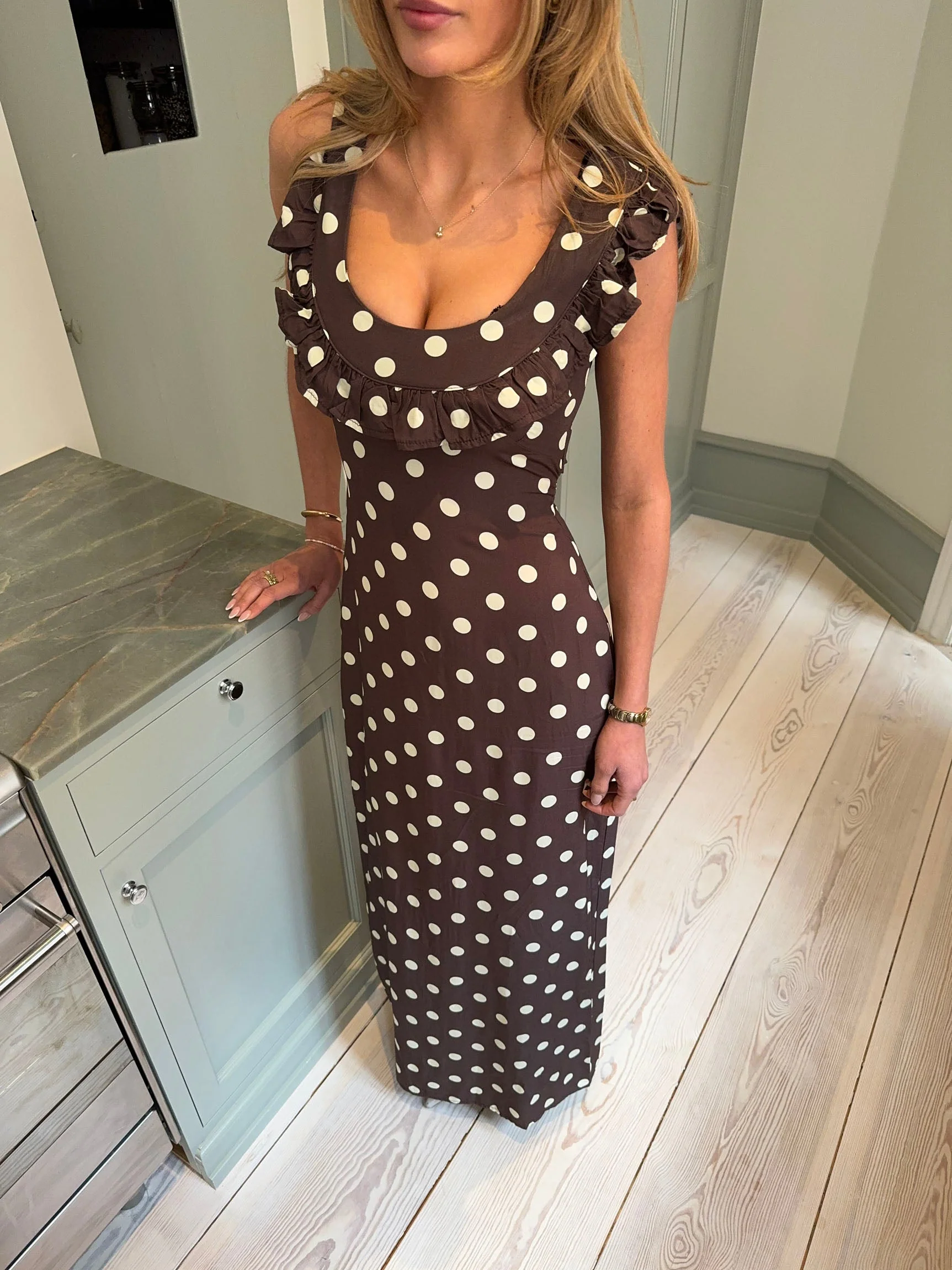 Luna dress skirt drape and length shown while walking