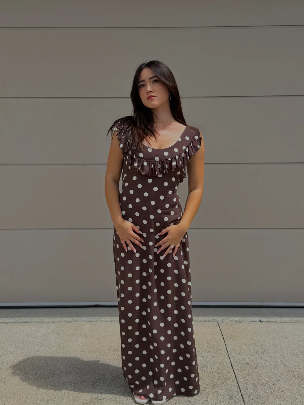 Luna dress detail showing the polka dot viscose fabric